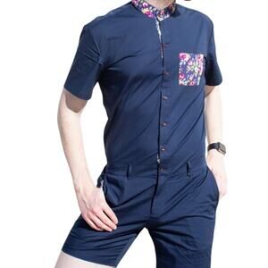 Romperjack Mens Navy Rose Romper Sz S Navy Floral Contrast Preppy Modern Style